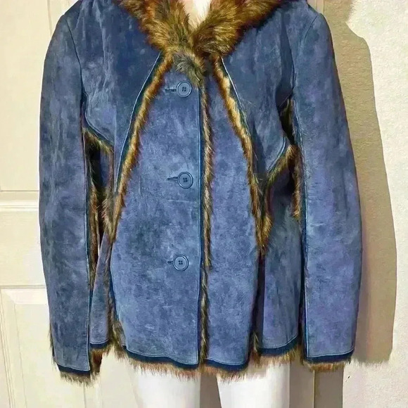 The LOOK Randolph Duke Womens Suede & Faux Fur Blue Fox Jacket Hood Size Large - Picture 8 of 16
